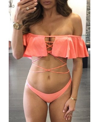 Solid Color Off Shoulder Ruffled Strappy Beautiful Two Piece Swimsuit