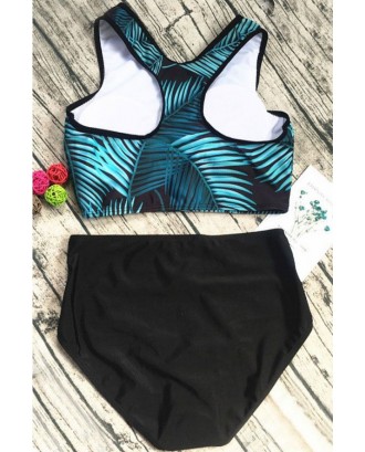 Black High Neck Tropical Palm Leaf Print Racer Back Cute Two Piece Crop Top Swimwear Swimsuit