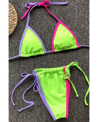 Green Contrast Halter Triangle Tie Sides Thong Beautiful Micro Swimwear