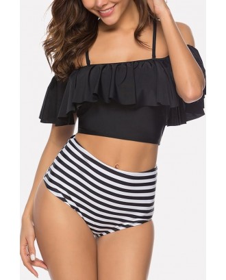 Black Stripe Ruffles Off Shoulder High Waist Beautiful Swimwear
