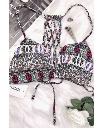 White Triangle African Tribal Print Strappy Cutout Caged Ruffle Trim Beautiful Two Piece Swimwear Swimsuit