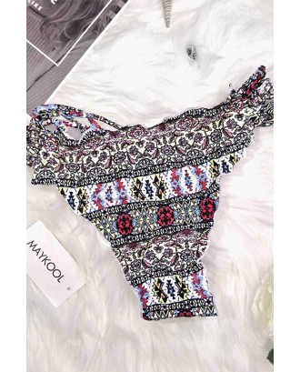 White Triangle African Tribal Print Strappy Cutout Caged Ruffle Trim Beautiful Two Piece Swimwear Swimsuit