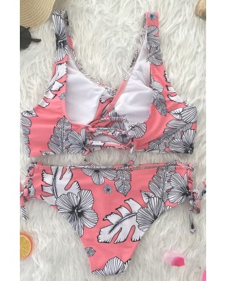 Pink Floral Print Lace Up Tied Sides Chic Swimwear