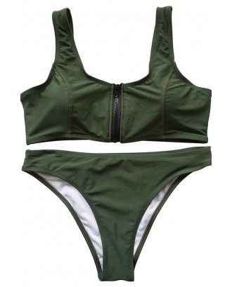 Army-green Zipper U Neck Cheeky Beautiful Crop Top Swimwear