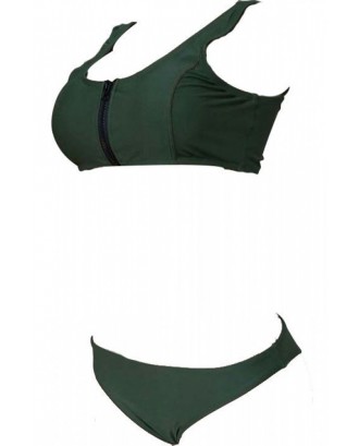 Army-green Zipper U Neck Cheeky Beautiful Crop Top Swimwear