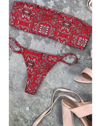 Red Tribal Print Spaghetti Straps Thong Skimpy Beautiful Swimwear