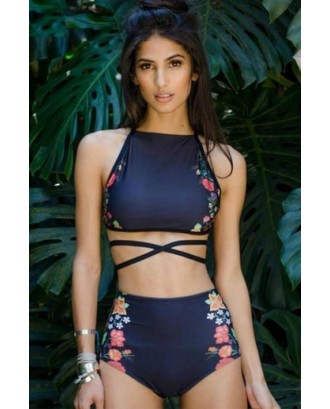 Dark Blue High Neck Floral Print Strappy Lace Up Backless Beautiful High Waisted Two Piece Crop Top Swimwear Swimsuit