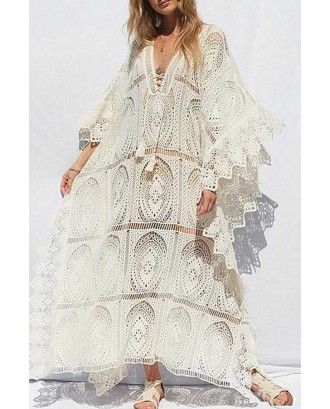 Beige Lace V Neck Beautiful Beach Maxi Dress Cover Up