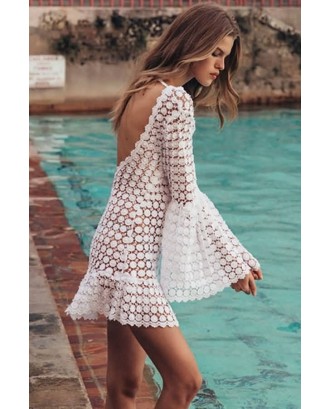 White Lace Flare Sleeve Backless Beautiful Beach Dress Cover Up
