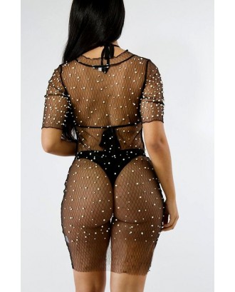 Black Imitation Pearl See Through Beautiful Cover Up Dress