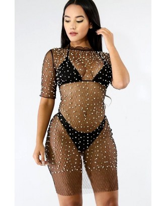 Black Imitation Pearl See Through Beautiful Cover Up Dress