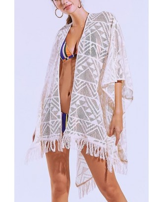 White Tassels Open Front Crochet Lace Swim Cover Up