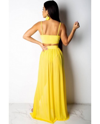 Yellow Spaghetti Straps Slit Crop Top Skirt Beautiful Cover Up