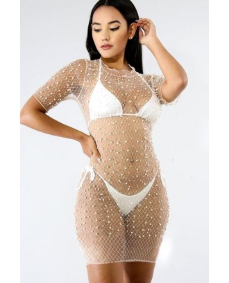 White Imitation Pearl See Through Beautiful Cover Up Dress