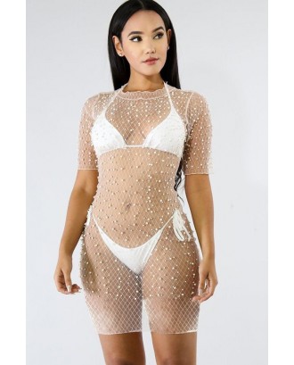 White Imitation Pearl See Through Beautiful Cover Up Dress