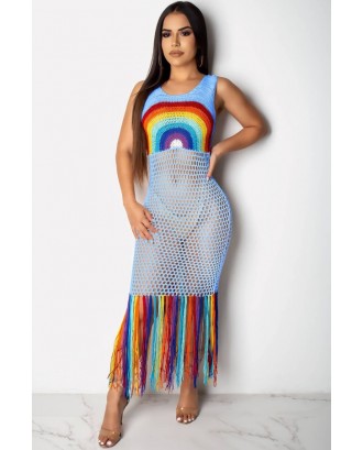 Light-blue Rainbow Hollow Out Fringe Casual Beach Dress Cover Up