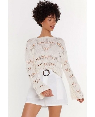 White Crochet Hollow Out Flare Sleeve Beautiful Cover Up