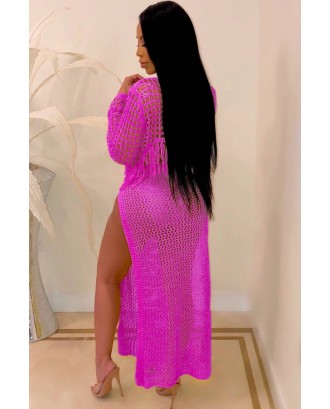Hot-pink Fringe Hollow Out Slit Crop Top Skirt Beautiful Cover Up