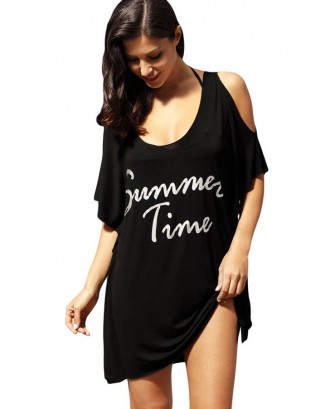 Letters Pattern Cold Shoulder Loose Swimwear Cover Up