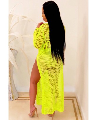 Yellow Fringe Hollow Out Slit Crop Top Skirt Beautiful Cover Up