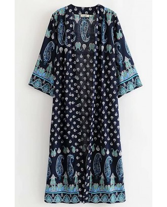 Dark-blue Tribal Print Long Sleeve Casual Kimono Cover Up