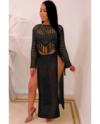 Black Fringe Hollow Out Slit Crop Top Skirt Beautiful Cover Up