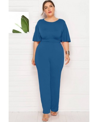 Teal Tied Round Neck High Waist Casual Jumpsuit
