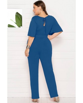 Teal Tied Round Neck High Waist Casual Jumpsuit