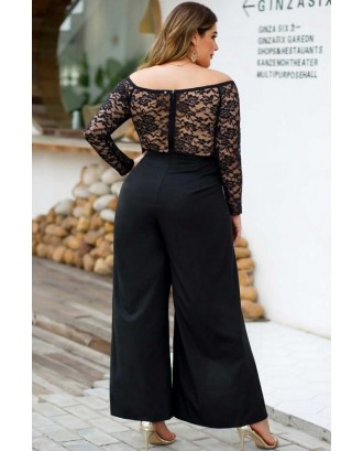 Black Lace Splicing Off Shoulder High Slit Long Sleeve Beautiful Plus Size Jumpsuit