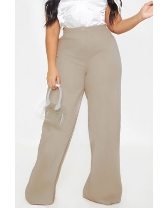 Khaki Button Up High Waist Wide Leg Casual Plus Size Pants