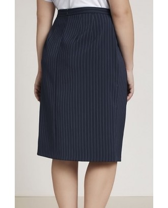 Dark-blue Stripe Draped Zipper Back Casual Plus Size Skirt