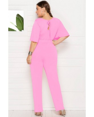 Pink Tied Round Neck High Waist Casual Jumpsuit