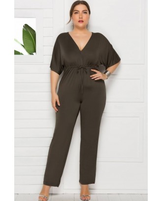 Army-green Tied Waist V Neck Beautiful Plus Size Jumpsuit