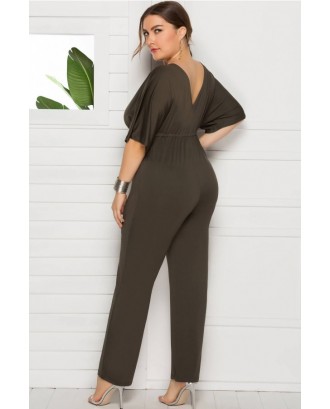 Army-green Tied Waist V Neck Beautiful Plus Size Jumpsuit