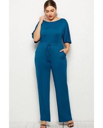 Blue Tied Pocket Casual Plus Size Jumpsuit