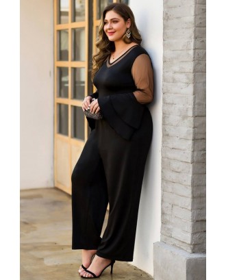 Black Mesh Splicing Layered Sleeve Casual Plus Size Jumpsuit