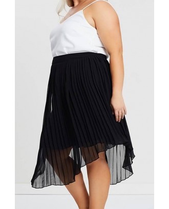Black Mesh Splicing Pleated Casual Plus Size Skirt