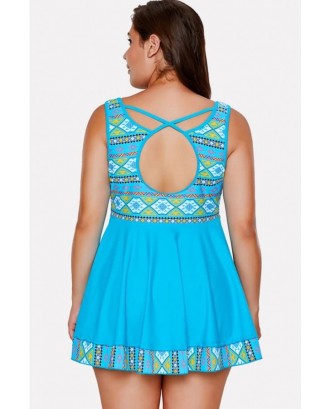 Light-blue Tribal Print Crisscross Ruffles Hem Beautiful Tankini Swimsuit