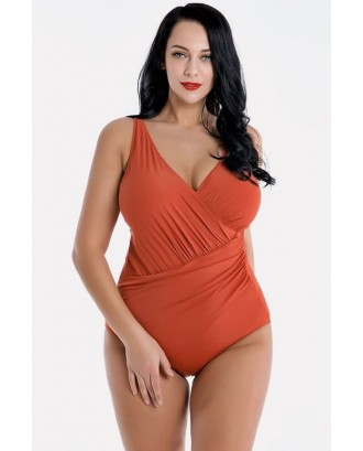 Orange Wrap Ruched Backless Beautiful Plus Size One Piece Swimsuit