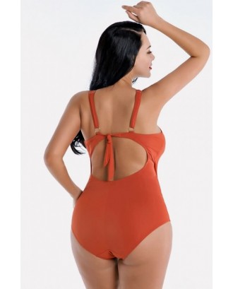 Orange Wrap Ruched Backless Beautiful Plus Size One Piece Swimsuit
