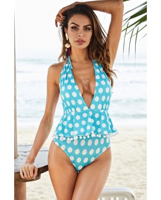 Light-blue Polka Dot Halter Backless Pom Pom Beautiful Plus Size Swimsuit