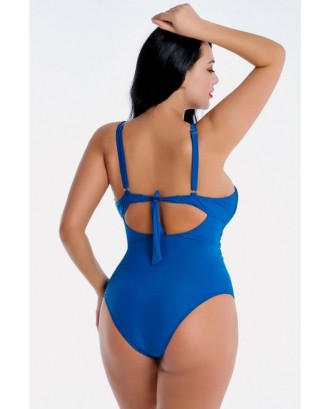 Blue Pleated U Neck Tied Back Beautiful Plus Size One Piece Swimsuit