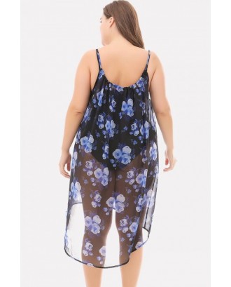 Light-blue Floral Print Spaghetti Straps Beautiful Cover Up