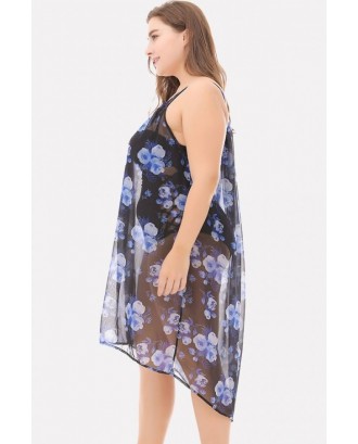 Light-blue Floral Print Spaghetti Straps Beautiful Cover Up