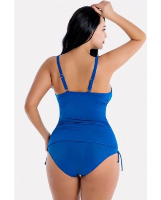Blue Twisted Drawstring Tie Sides Beautiful Plus Size Tankini Swimsuit