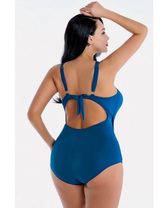 Blue Wrap Ruched Backless Beautiful Plus Size One Piece Swimsuit