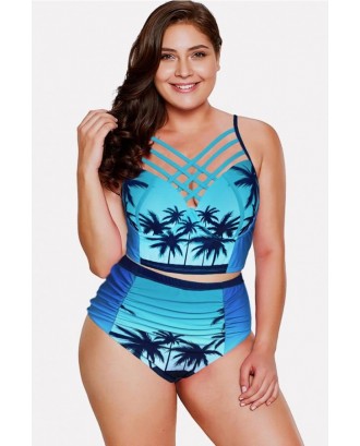 Jade-blue Coconut Print Caged Ruched Cutout Beautiful Plus Size Swimwear