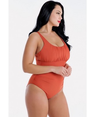 Orange Pleated U Neck Tied Back Beautiful Plus Size One Piece Swimsuit