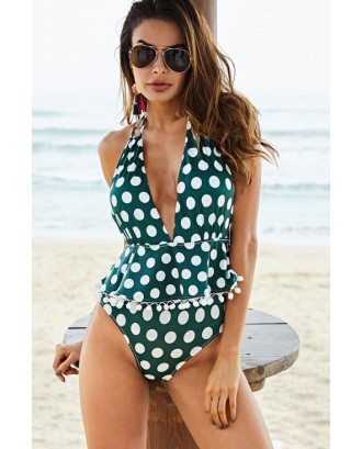 Dark-green Polka Dot Halter Backless Pom Pom Beautiful Plus Size Swimsuit