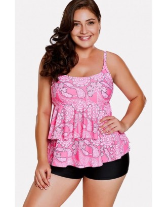 Pink Floral Print Ruffles Tiered Beautiful Plus Size Tankini Swimsuit